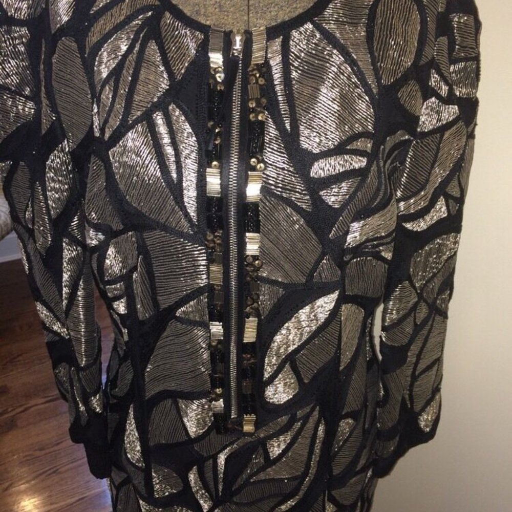 NWT ESCADA COUTURE Beaded Black and Silver Cocktail Dress Size 38